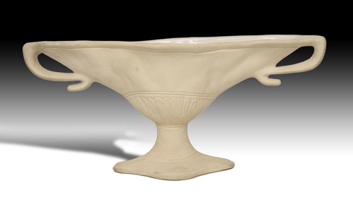 A Napoleon's Hat vase designed by Constance Spry (1886 1960) for the Fulham Pottery, glazed on the inside with the underside stamped 'Designed by Constance Fry, facsimile signature, and 'Made in England; and inscribed, '155. 44cm wide and 20.5cm high, it is estimated to make £1,500-£2,500